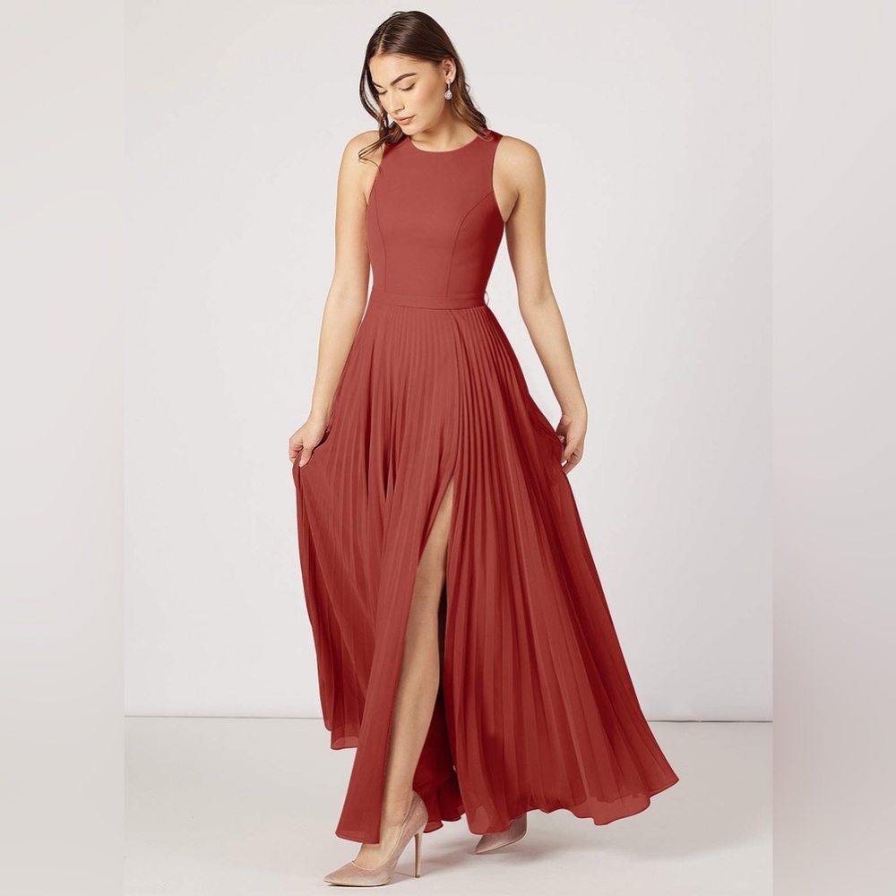 NWT AZAZIE LINDIE A-Line Pleated Chiffon Floor-Length Dress Rust